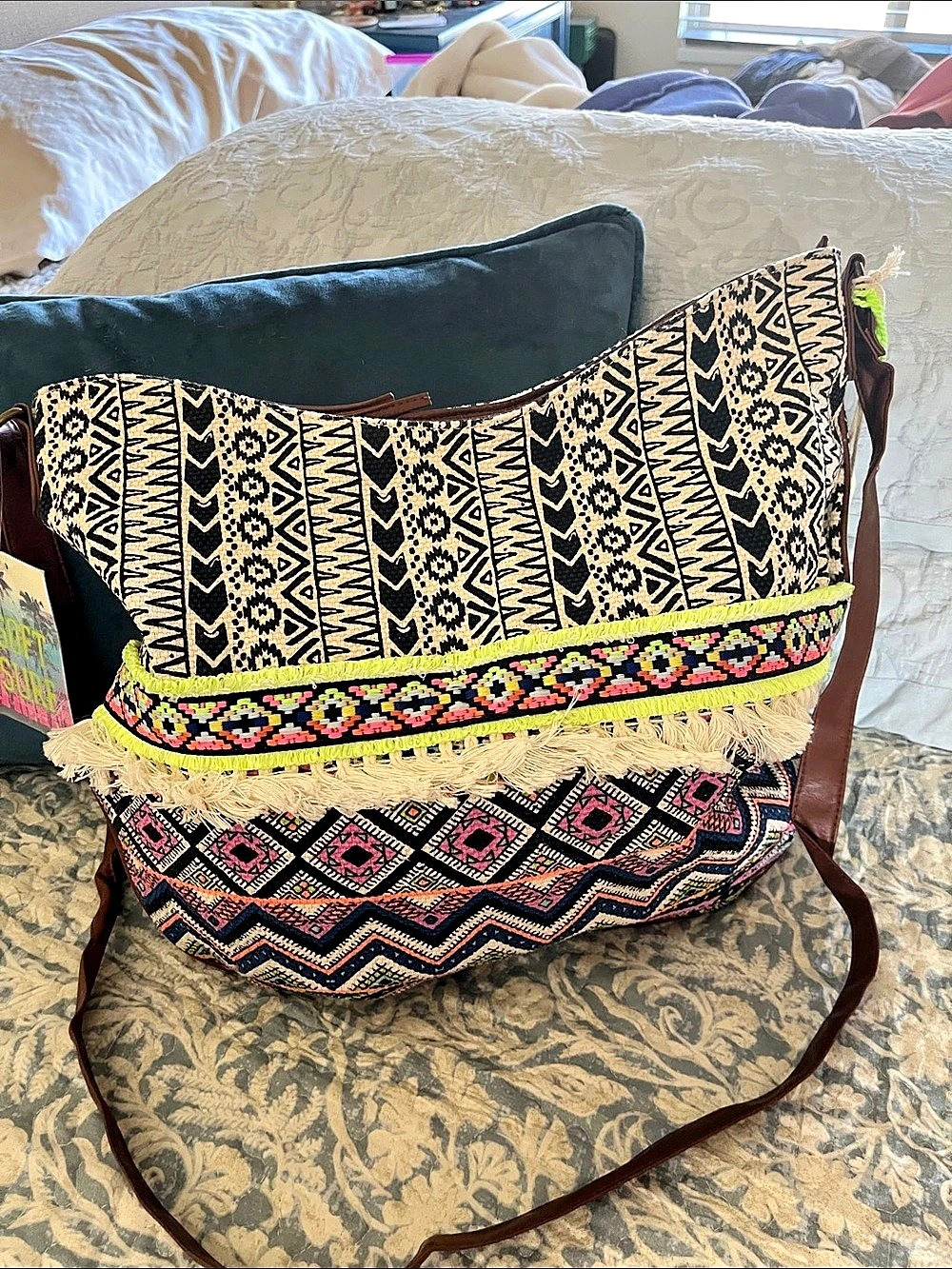 T-Shirt & Jeans Geometric Fringe Shoulder Bag in Black & Brown NWT